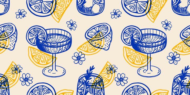 Aperol cocktail with ice and slice of lemon for cocktail bar or summer party. Alcohol cocktail with beach bar and cafe menu. Mediterranean themed Amalfi coast party decoration. Vector illustration