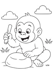 Coloring book of baby gorilla playing with a stone and stick like a drum.