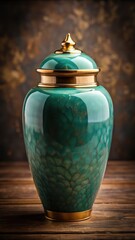 A delicate teal ceramic urn with gold accents sits elegantly on a dark wooden surface