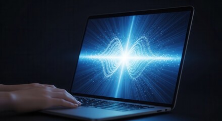 Quantum computing innovation: glowing waveform on laptop screen