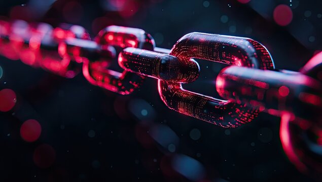 Close-up chain, glowing red digital data