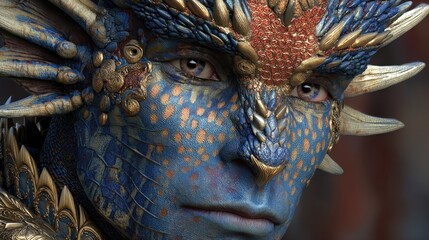 Fototapeta premium Fantasy Character with Reptilian Features and Blue Skin: Intricate Makeup and Vivid Colors