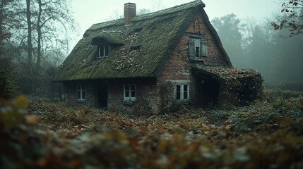 Fototapeta premium Haunted, mossy, dilapidated cottage in a misty forest
