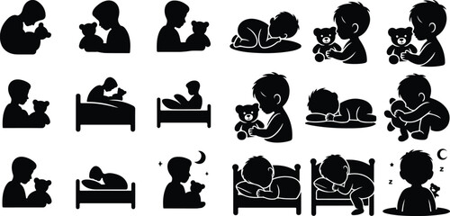 Sleeping Kid with Plush Toy – Cute Baby Silhouette Icons Collection Child Sleeping with Teddy Silhouette Set – Bedtime Cuddle Icon Vector