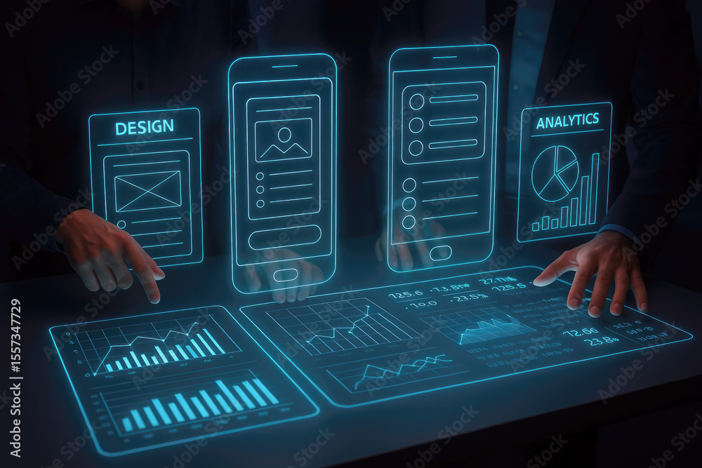 Poster futuristic digital interface displaying app design and analytics with glowing blue lines and charts