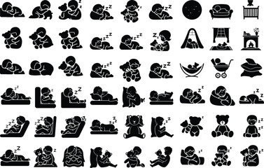 Sleeping Kid with Plush Toy – Cute Baby Silhouette Icons Collection Child Sleeping with Teddy Silhouette Set – Bedtime Cuddle Icon Vector