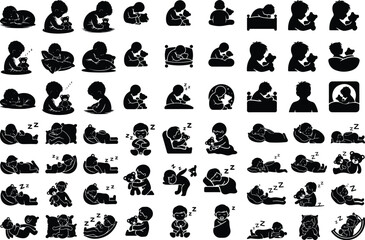 Sleeping Kid with Plush Toy – Cute Baby Silhouette Icons Collection Child Sleeping with Teddy Silhouette Set – Bedtime Cuddle Icon Vector