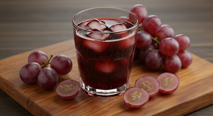 A glass with grape juice and several grapes cut around it on a wooden board and a solid bottom