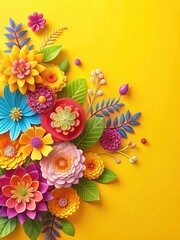 Exotic flowers with intricate paper cut style on yellow background