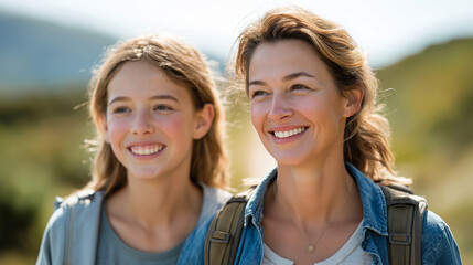 Obraz premium Mother and daughter hiking together on a sunny summer trail in nature