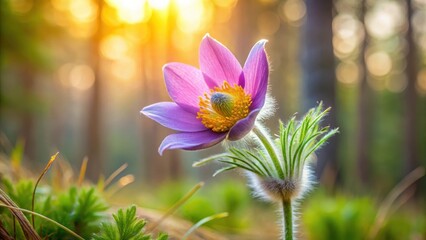 Fototapeta premium Delicate wild pulsatilla patens flower with soft petals on a blurred green forest background