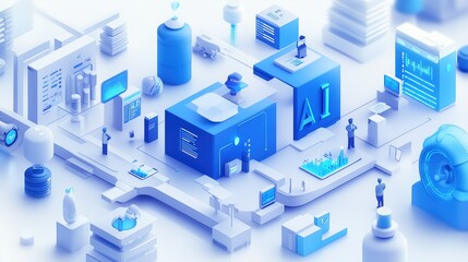Isometric Minimalist Illustration of AI Company: Blue "AI" Letter Boxes with Standing Figures & Data Charts (Light Background High-Res 3D Rendering)
