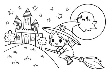 Fototapeta premium cartoon illustration of a witch with a broom for coloring book, coloring page, kids