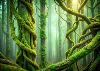 Mysterious forest atmosphere with tangled vines and twisted tree trunks covered in moss and lichen