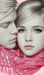 Obraz premium A Tender Moment Shared Between Two Young Lovers Embraced by a Cozy Scarf