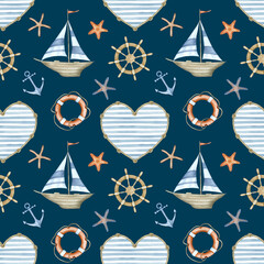 Seamless children's marine pattern with a sailboat, starfish, anchors, a ship's rudder and a striped heart on a dark blue background. For fabric, children's room, wrappers, covers, packaging.