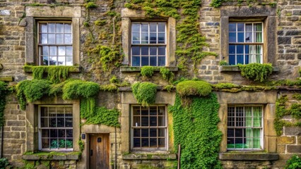 Obraz premium Old stone building facade with lush green moss growing on worn wooden sash windows