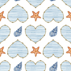 Seamless marine pattern with shells, starfish and striped hearts. It is painted in watercolor in blue and red tones. For baby fabric, packaging, and covers.