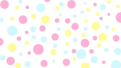 Pastel polka dots in pink, yellow, and blue scattered randomly on white background, cheerful and simple design.