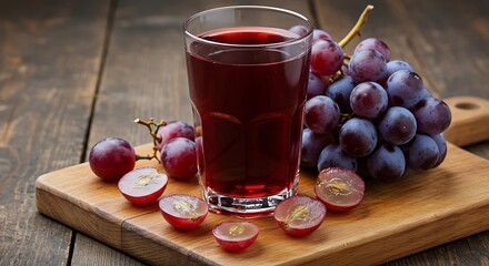 A glass with grape juice and several grapes cut around it on a wooden board and a solid bottom