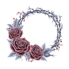 A round frame with red roses and thorny branches, gray leaves and red drops. Watercolor gothic illustration for printing, postcards, labels.