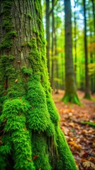 Fresh green moss growing on a forest tree trunk