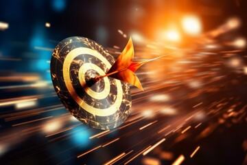 Golden arrow hitting center of target moving fast through an abstract space with motion blur and light trails, concept of achieving a goal