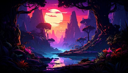 Enchanted Sunset Landscape: A Dreamlike River Scene