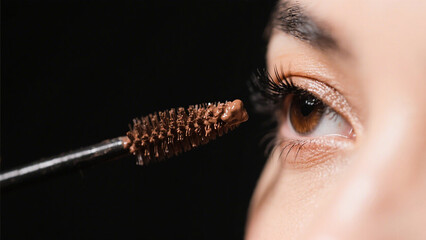 Close up of a brown mascara wand applying product to eyelashes