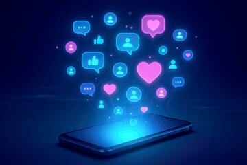 Glowing social mediAIcons emanating from a smartphone likes hearts