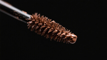 Close up macro shot of a brown mascara wand with product on the bristles against a black background