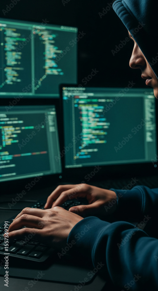 Poster person in hoodie types on keyboard, multiple screens display lines of code, depicting late-night cod