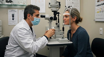 Woman undergoes routine eye exam hoping for clear vision and future wellness as skilled optometrist uses advanced