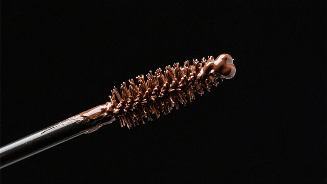Close up macro shot of a brown mascara wand with thick cosmetic formula on black background