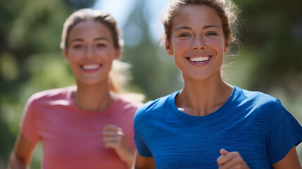 Obraz premium Female Friends Jogging in the Woods Enjoying Summer Fun