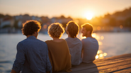 Fototapeta premium Friends enjoying sunset on a lake pier during summer