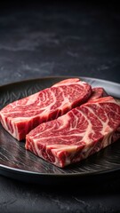 Fototapeta premium Sliced Wagyu beef with rich marbling on a dark black plate