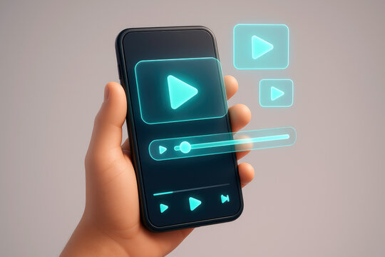Hand holding smartphone displaying video player interface with play buttons and progress bar