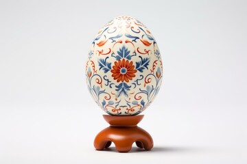 Easter egg decorated with blue and orange floral pattern standing on a small wooden pedestal on a white background