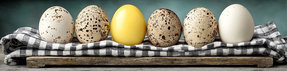A collection of speckled eggs and a bright yellow egg resting on a patterned cloth