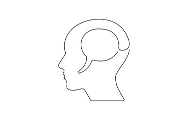 Human head with speech bubble continuous line drawing. Dialog or monolog symbol. Conversation sign, One line man with speech bubble.
