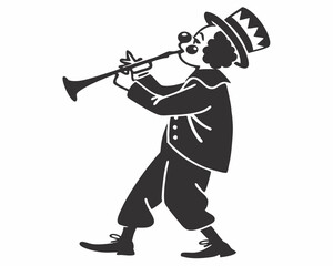 Black and white cartoon clown playing a trumpet ready for a parade or celebration