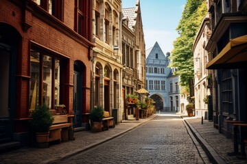 Fototapeta premium Cobblestone street lined with historic buildings under a clear blue sky