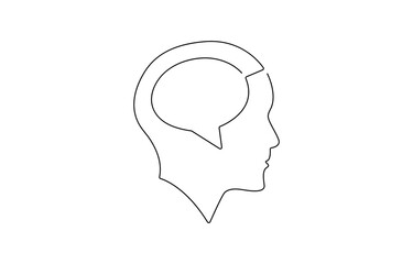 Human head with speech bubble continuous line drawing. Dialog or monolog symbol. Conversation sign, One line man with speech bubble.