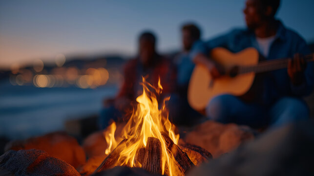Friends around a campfire at the beach singing on an autumn evening