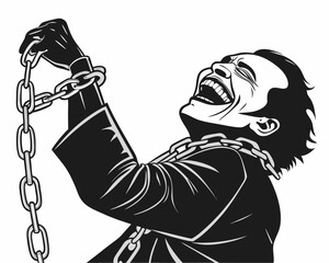 Vector illustration of a laughing man chained and bound with heavy metal chains