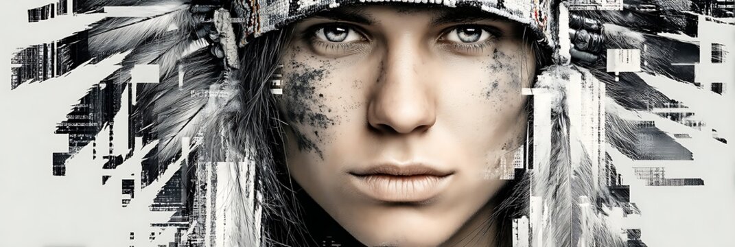 Portrait of a woman in Native American headdress with digital glitch effects