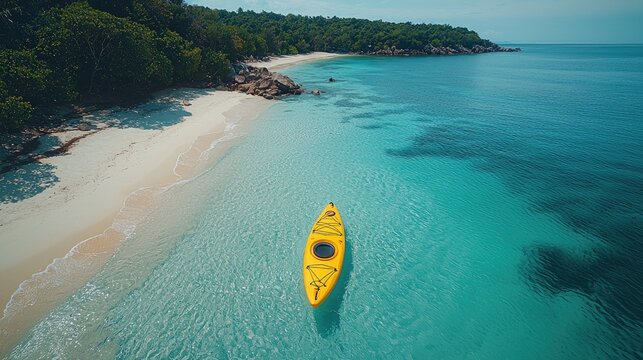 Tranquil turquoise waters surround a yellow kayak on a pristine beach.