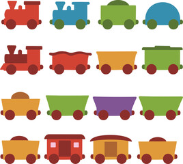 Adorable Collection of Colorful Toy Train Vectors: Perfect for Children's Books, Educational Materials, Nursery Décor, and Playful Graphic Designs.
