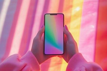 A person holding a smartphone with a colorful gradient screen against a vibrant striped background, showcasing modern technology and casual lifestyle in a bright setting